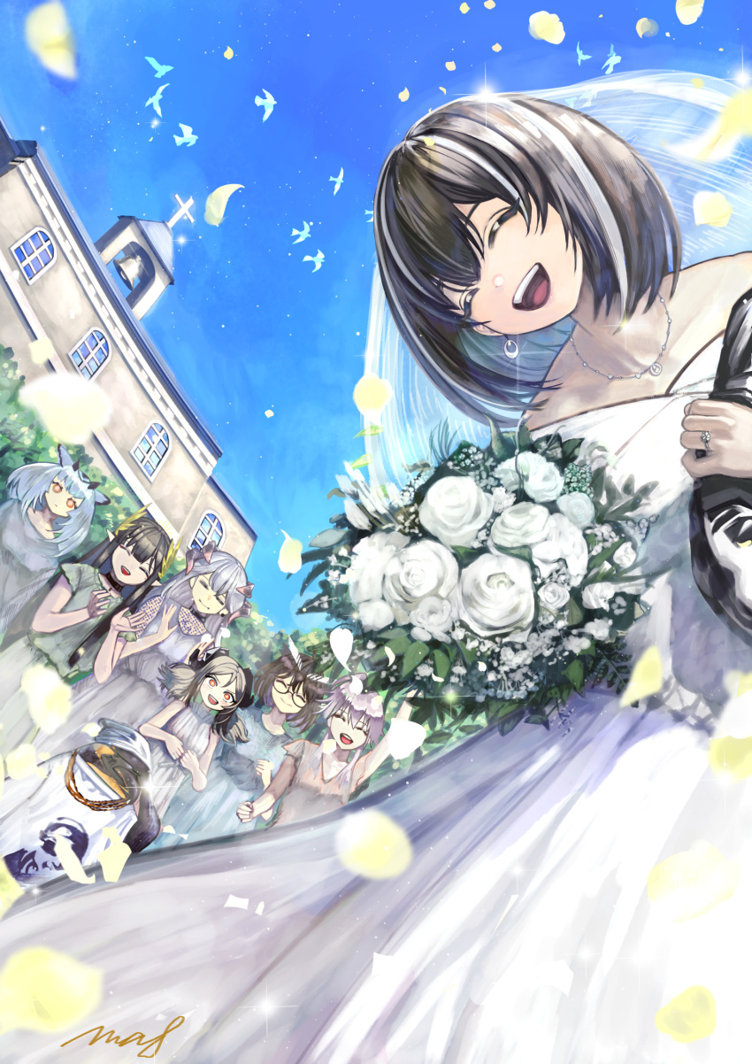 arknights bird blue_sky bouquet church clapping closed_eyes dress expressionless flower glasses highres horns ifrit_(arknights) jewelry magallan_(arknights) mayer_(arknights) muelsyse_(arknights) multicolored_hair necklace penguin petals ptilopsis_(arknights) ring saria_(arknights) signature silence_(arknights) single_earring sky smile sparkling_eyes streaked_hair sunglasses the_emperor_(arknights) wanko_(realsight) wedding wedding_dress wedding_ring