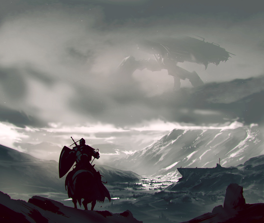 1other absurdres ambiguous_gender animal armor clouds cloudy_sky facing_away from_behind giant greyscale helm helmet highres holding holding_shield horse kalmahul knight landscape monochrome mountainous_horizon night night_sky original riding scenery science_fiction shield sky space_craft star_(sky) starry_sky weapon weapon_on_back