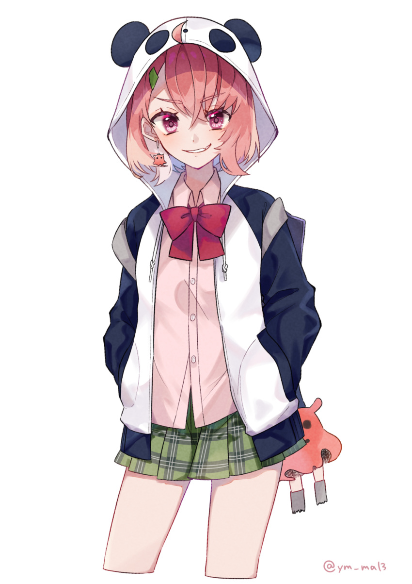 1girl ahoge akym bow bowtie cropped_legs earrings eyebrows_visible_through_hair fang flapjack_octopus grin hands_in_pockets highres hood hoodie jewelry looking_at_viewer nijisanji open_clothes open_hoodie panda_hood pink_eyes pink_hair plaid plaid_skirt pleated_skirt red_bow sasaki_saku simple_background skirt smile solo twitter_username virtual_youtuber white_background