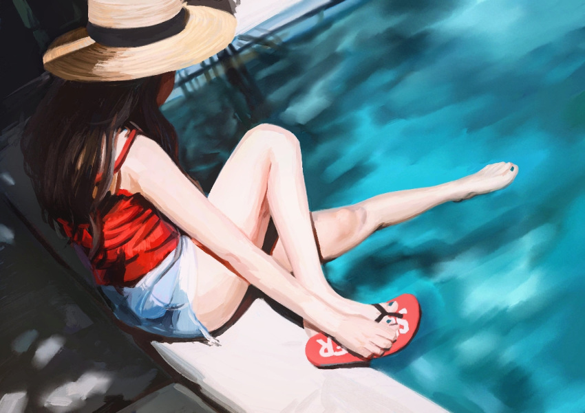 1girl andy_chao black_hair character_request copyright_request feet from_behind hat legs long_hair pool red_shirt sandal_removed sandals shirt short_shorts shorts sleeveless sleeveless_shirt sun_hat tank_top thighs toenail_polish toes