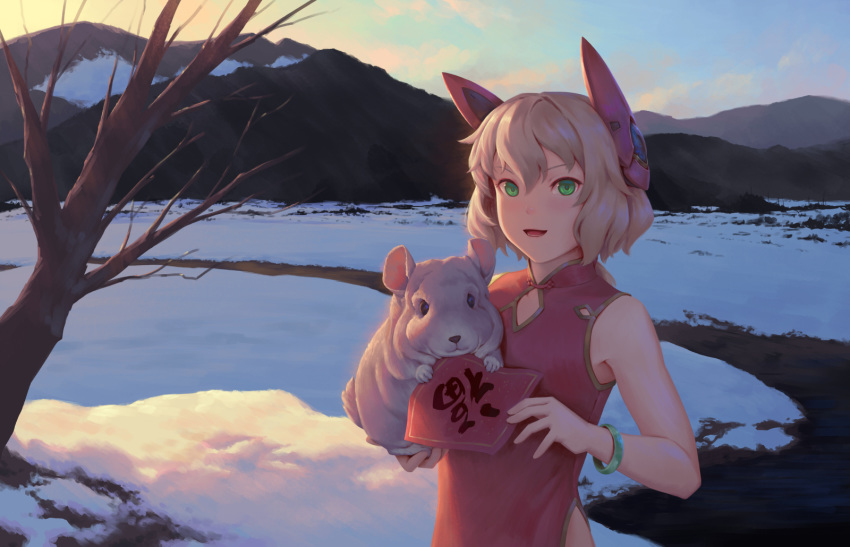 1girl animal animal_request antica_(bigrbear) bare_tree bigrbear blonde_hair bracelet china_dress chinese_clothes chinese_new_year clouds dress evening green_eyes headgear highres holding holding_animal jewelry medium_hair mountain mountainous_horizon open_mouth original outdoors path red_dress sleeveless smile snow solo standing translation_request tree tree_branch wavy_hair winter