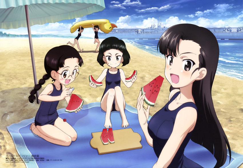 5girls :d absurdres aircraft_carrier arms_up bangs bare_legs beach beach_towel beach_umbrella bird black_hair black_swimsuit blue_sky blush_stickers bra brown_eyes closed_mouth clouds collarbone cutting_board day duck eating feet food forest fukuda_(girls_und_panzer) girls_und_panzer glasses grey_eyes highres holding holding_food hosomi_(girls_und_panzer) inflatable_raft military military_vehicle mountain multiple_girls nature nishi_kinuyo ocean official_art old_school_swimsuit one-piece_swimsuit open_mouth outdoors parted_bangs running school_swimsuit ship sitting sky smile swimsuit teramoto_(girls_und_panzer) towel umbrella underwear wang_guo_nian wariza warship watercraft watermark watermelon_seeds