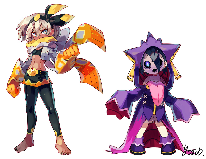 1boy 1girl absurdres bangs barefoot black_hair black_hairband clenched_hands commentary_request cosplay full_body gen_1_pokemon gengar gengar_(cosplay) grey_hair gym_leader hair_between_eyes hairband highres machamp machamp_(cosplay) mask onion_(pokemon) pokemon pokemon_(game) pokemon_swsh saitou_(pokemon) short_hair signature simple_background sleeves_past_wrists toes tvzyon white_background