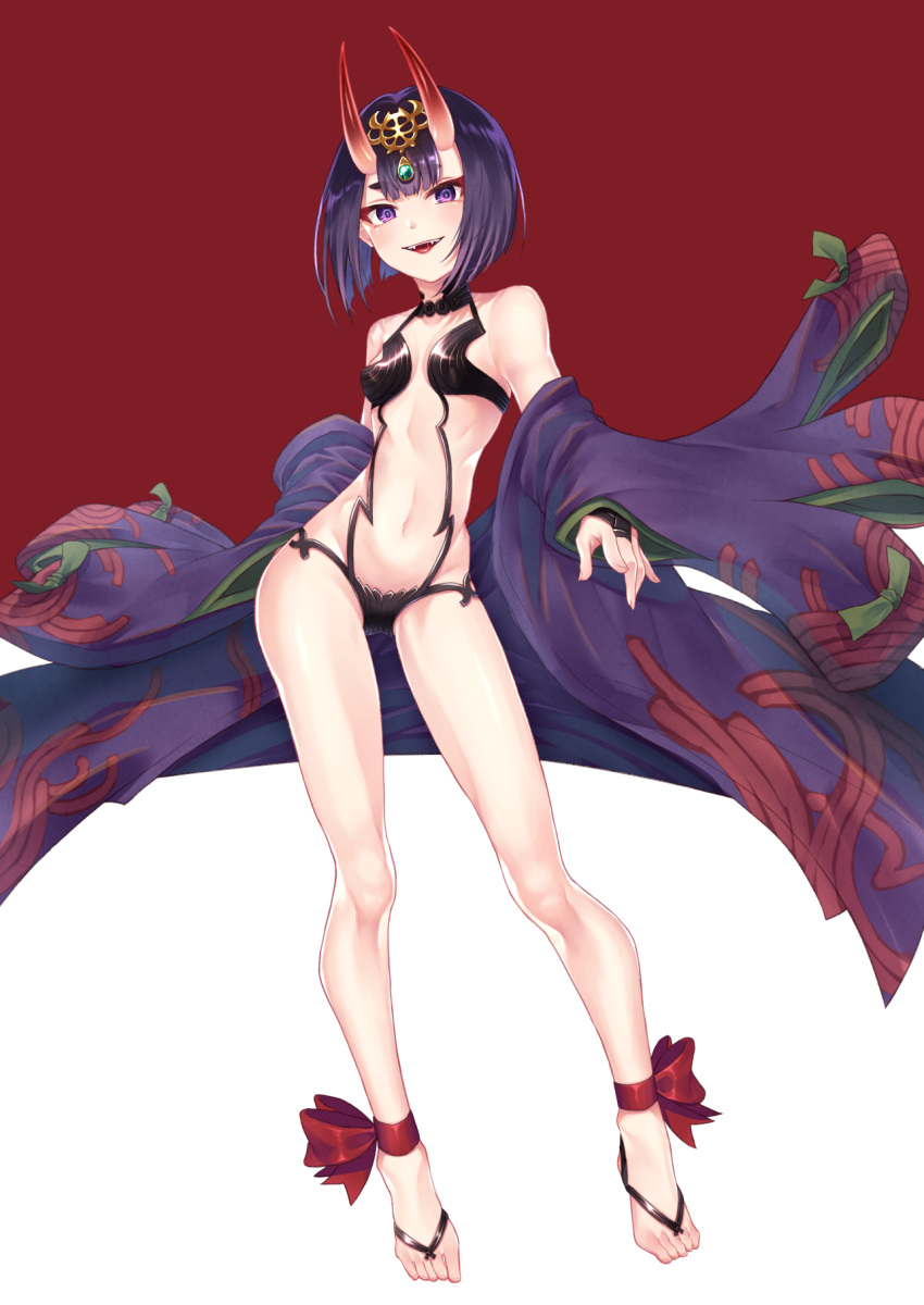 1girl ankle_ribbon artist_request bangs bare_shoulders barefoot_sandals blush bob_cut breasts collarbone eyeliner fate/grand_order fate_(series) feet headpiece highres horns japanese_clothes kimono legs long_sleeves looking_at_viewer makeup navel off_shoulder oni oni_horns open_clothes open_kimono open_mouth purple_hair purple_kimono red_ribbon revealing_clothes ribbon short_hair shuten_douji_(fate/grand_order) skin-covered_horns small_breasts smile violet_eyes wide_sleeves