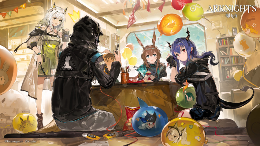 1boy 3girls absurdres alchemaniac amiya_(arknights) animal_ear_fluff animal_ears arknights balloon bangs bare_shoulders black_jacket blue_eyes blue_hair blush breasts brown_hair cat_ears cellphone ch'en_(arknights) choker doctor_(arknights) dragon_horns dragon_tail dress food gloves grani_(arknights) green_dress green_eyes hair_between_eyes highres holding holding_food holding_pen holding_phone hood hooded_jacket horns indoors jacket jessica_(arknights) jewelry kal'tsit_(arknights) long_hair long_sleeves looking_at_viewer medium_breasts multiple_girls official_art open_clothes open_jacket open_mouth pen phone ponytail rabbit_ears red_eyes ring seiza shirt short_hair shorts sidelocks silver_hair sitting skadi_(arknights) sleeveless smartphone smile sweatdrop swire_(arknights) tail thighs