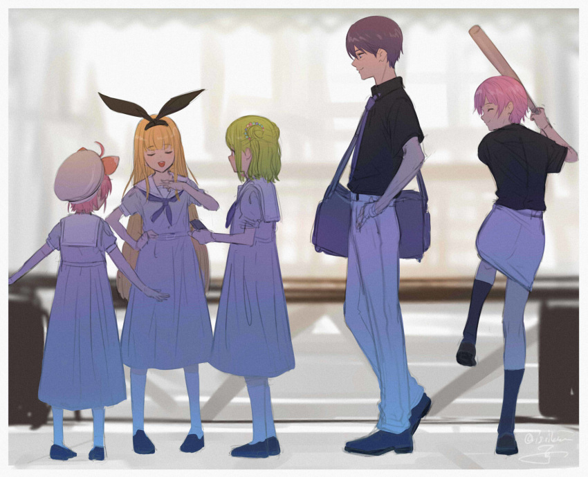 1boy 4girls baseball_bat blonde_hair blurry blurry_background bunny_hair_ornament character_request closed_eyes hair_ornament hat highres isshiki_(ffmania7) mononobe_alice multiple_girls nijisanji school_uniform short_hair virtual_youtuber