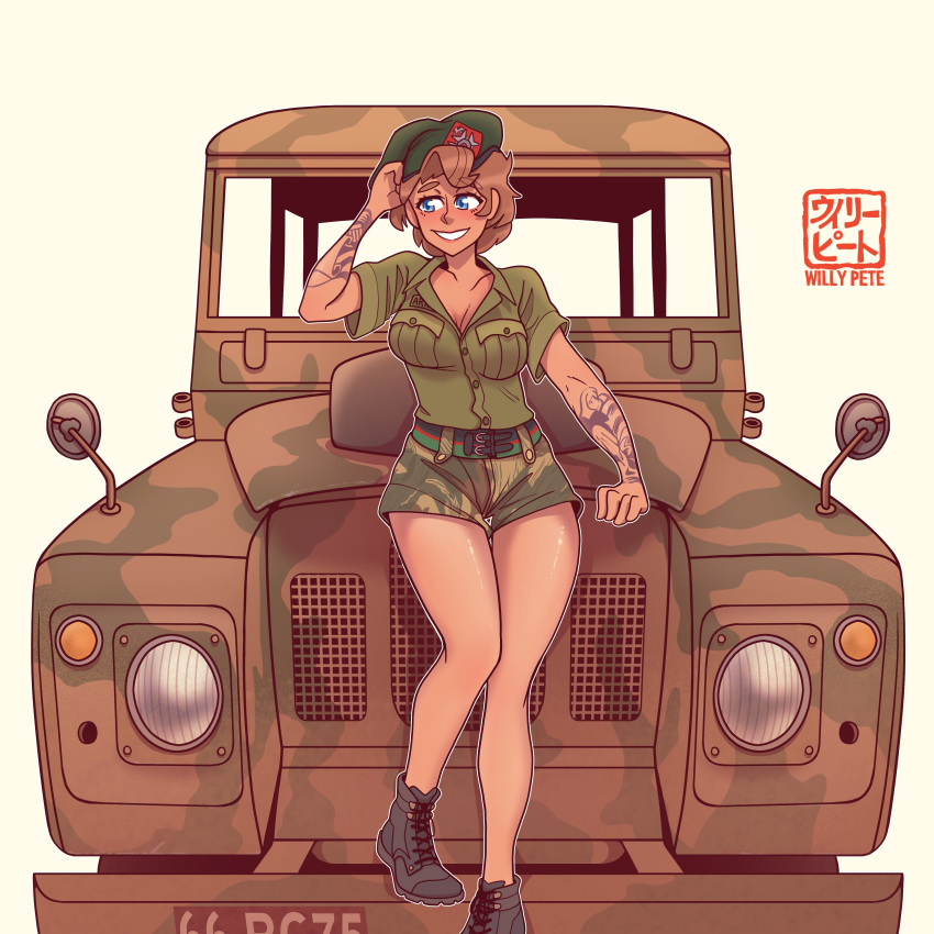1girl absurdres artist_name beret blue_eyes blush breasts brown_hair camouflage camouflage_shorts cleavage_cutout commission hat highres land_rover license_plate original shorts smile solo tattoo thighs willy_pete