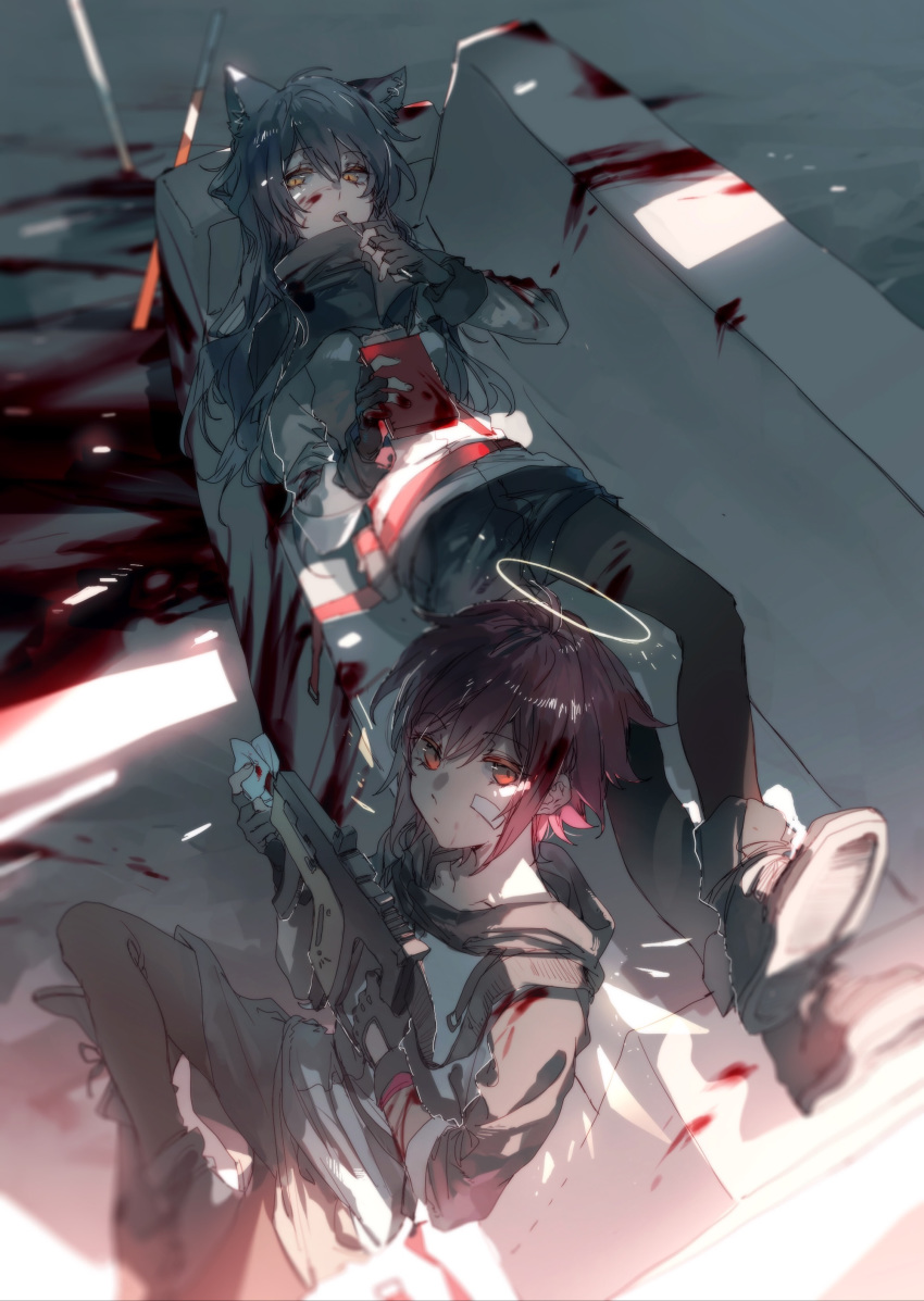 2girls absurdres animal_ears arknights bandaid bandaid_on_face black_hair blood blood_on_face blood_splatter blurry capelet cleaning_weapon couch depth_of_field ear_piercing eating exusiai_(arknights) fingerless_gloves food gloves gun halo highres long_hair lying min_(120716) multiple_girls open_mouth orange_eyes pantyhose piercing pocky red_eyes short_hair shorts sword texas_(arknights) weapon weapon_request wolf_ears yellow_eyes