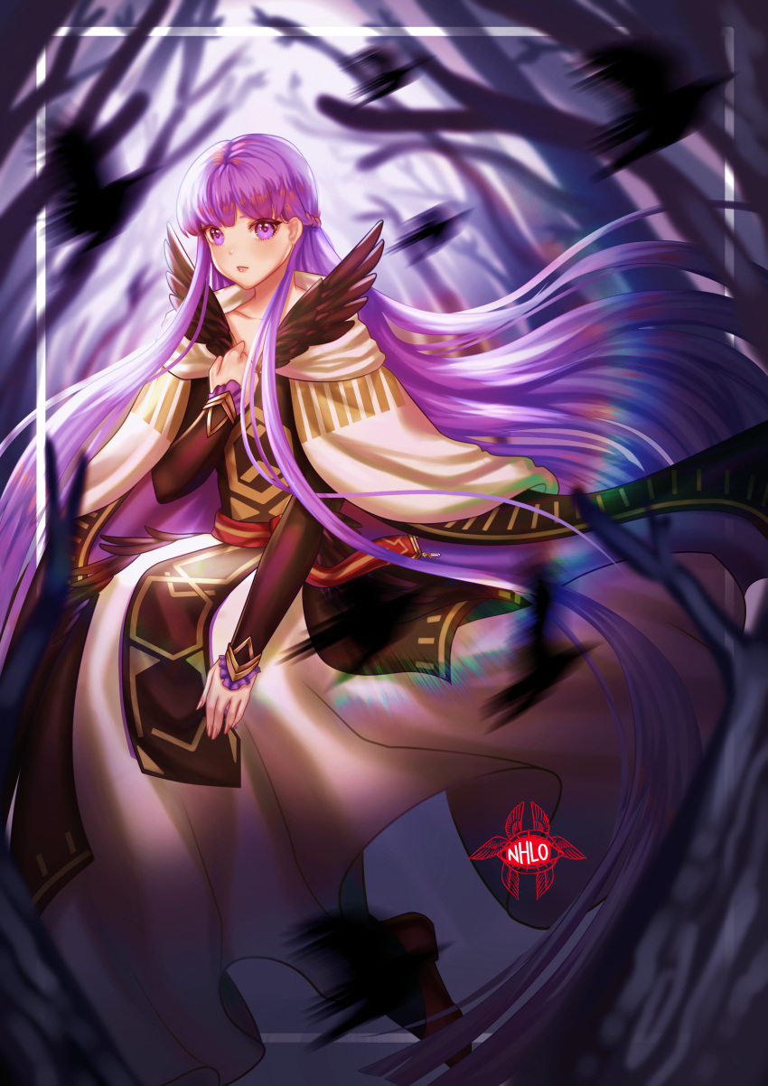 1girl absurdres belt black_feathers cape commission commissioner_upload dress expressionless feathers fire_emblem fire_emblem:_the_binding_blade fire_emblem_heroes full_body hand_on_own_chest highres long_dress long_hair long_sleeves nhlo purple_hair signature solo sophia_(fire_emblem) very_long_hair violet_eyes white_dress