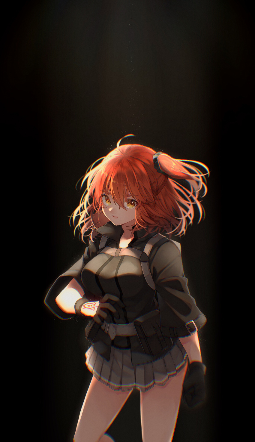 1girl absurdres ahoge black_jacket black_scrunchie breasts clenched_hand command_spell fate/grand_order fate_(series) fujimaru_ritsuka_(female) grey_skirt hair_ornament hair_scrunchie highres jacket marei_(mercy) medium_breasts miniskirt orange_eyes orange_hair pleated_skirt polar_chaldea_uniform scrunchie side_ponytail skirt solo standing