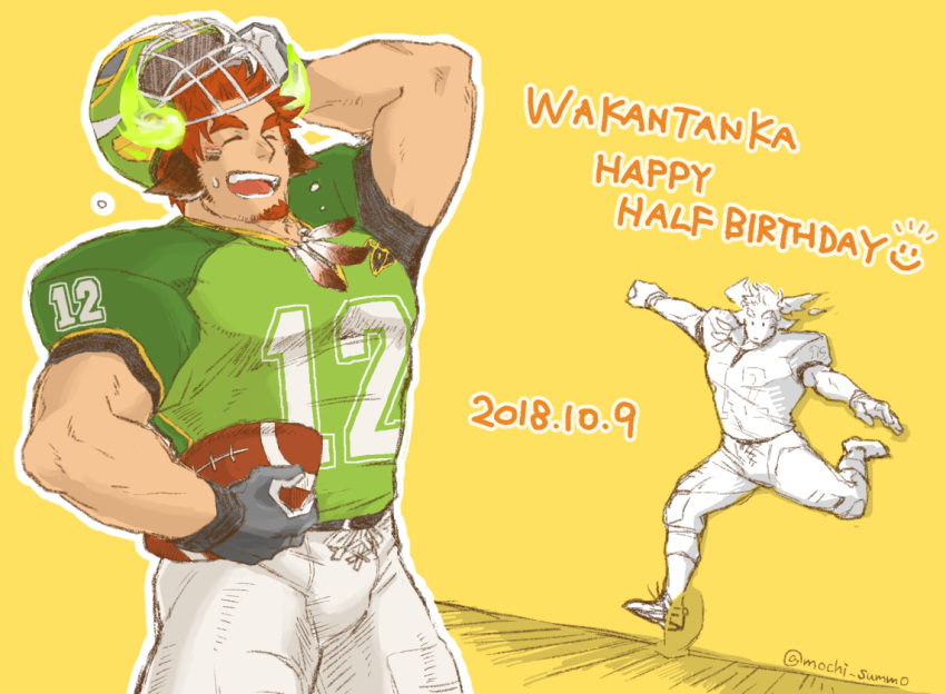 1boy animal_ears bangs bara beard blush brown_hair bulge chest facial_hair feathers forked_eyebrows glowing_horns happy_birthday headwear_removed helmet helmet_removed horns looking_at_viewer male_focus pole2walker2 rugby_ball sketch smile sportswear thick_eyebrows tokyo_houkago_summoners upper_body wakan_tanka