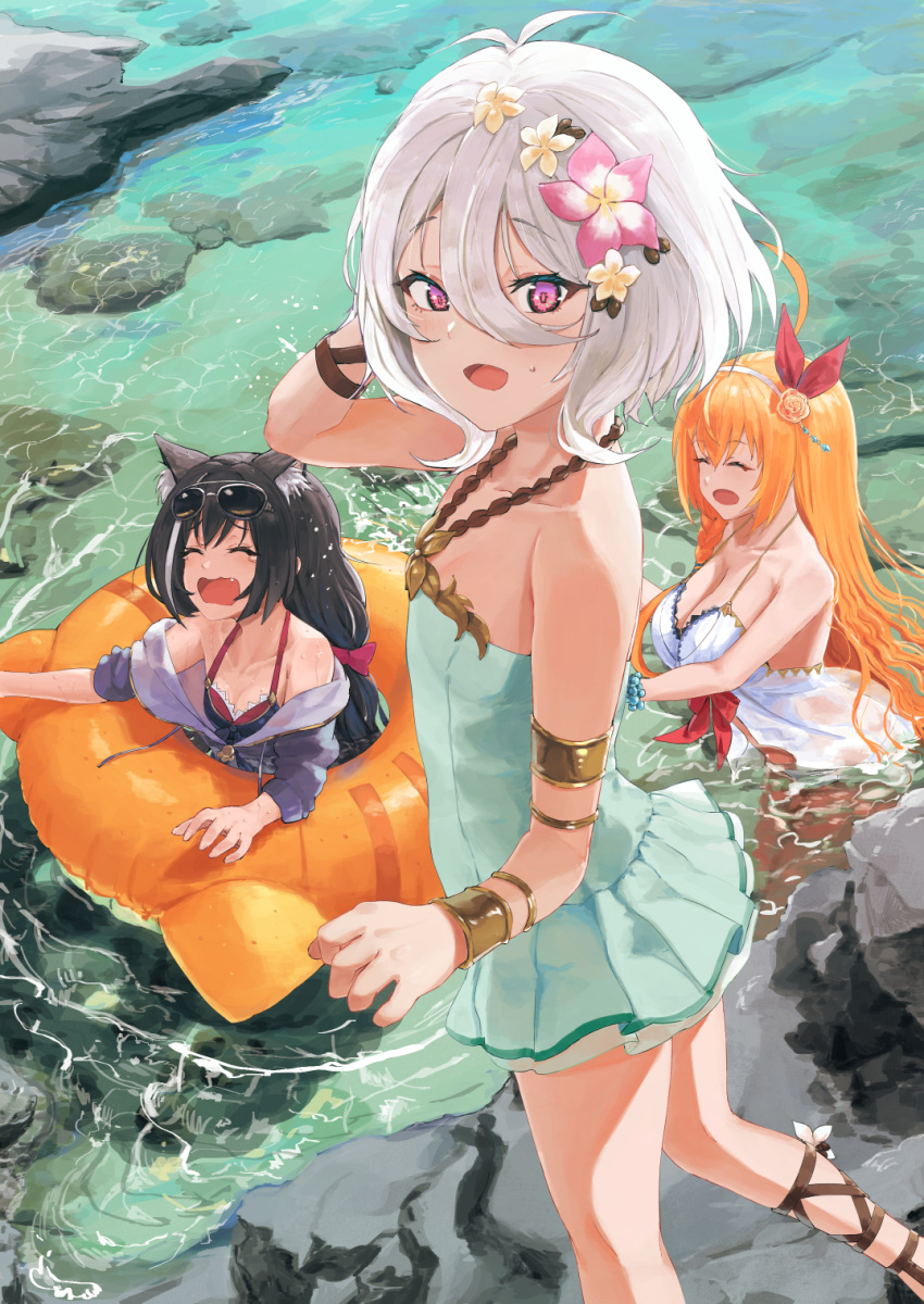 3girls ahoge alternate_costume animal_ear_fluff animal_ears antenna_hair bangs bare_shoulders bikini black_bikini black_hair blush breasts cat_ears cat_girl chen_bingyou eyebrows_visible_through_hair fang flower hair_between_eyes hair_flower hair_ornament hairband highres innertube_with_ears jacket karyl_(princess_connect!) kokkoro_(princess_connect!) large_breasts long_hair looking_at_viewer low_twintails multicolored_hair multiple_girls off_shoulder open_mouth orange_hair outdoors pecorine pink_eyes pointy_ears princess_connect! princess_connect!_re:dive purple_jacket short_hair silver_hair small_breasts smile streaked_hair swimsuit twintails very_long_hair wading white_hair