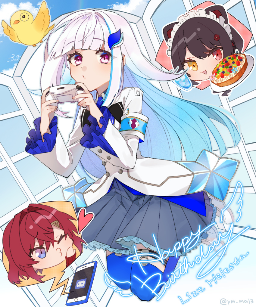 3girls :3 :d akym ange_katrina animal_ears armband bird black_hair blue_eyes blue_hair blue_legwear blue_skirt blue_sky cellphone clouds cloudy_sky controller day discord dog_ears flower fruit_tart game_controller hair_flower hair_ornament happy_birthday heterochromia highres inui_toko lize_helesta long_hair long_sleeves maid_headdress monocle multicolored_hair multiple_girls nijisanji o3o one_eye_closed open_mouth phone pleated_skirt red_eyes redhead safety_pin sebastian_piyodore short_hair skirt sky smile streaked_hair thigh-highs twitter_username violet_eyes white_hair yellow_eyes