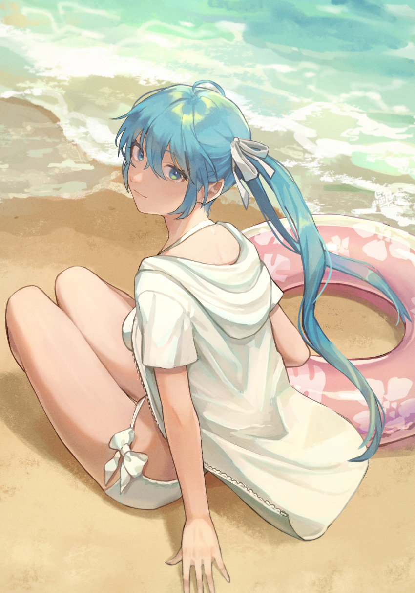 1girl ahoge bangs beach bikini blue_eyes blue_hair bow bow_bikini breasts closed_mouth commentary_request day eyebrows_visible_through_hair hair_between_eyes hair_bow hatsune_miku highres hood hood_down hooded_jacket innertube jacket long_hair looking_at_viewer looking_back open_clothes open_jacket outdoors saino sand short_sleeves sitting small_breasts smile solo swimsuit twintails very_long_hair vocaloid water white_bikini white_bow white_jacket