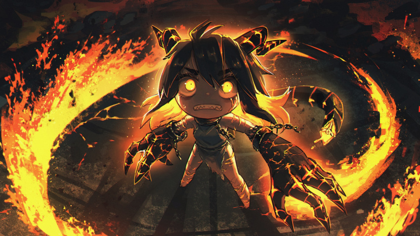1girl ahoge bangs black_hair chain chibi clenched_teeth collar commentary cuffs dragon_girl english_commentary eyebrows_visible_through_hair fire from_above glowing glowing_eyes hair_between_eyes highres horns legs_apart long_hair looking_up metal_collar multicolored_hair orange_hair original paws porforever shackles sharp_teeth solo standing tail teeth two-tone_hair v-shaped_eyebrows yellow_eyes