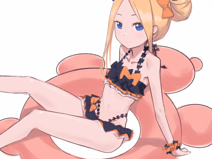1girl abigail_williams_(fate/grand_order) bangs black_bow blonde_hair blue_eyes bow breasts closed_mouth daisi_gi fate/grand_order fate_(series) forehead hair_bow highres innertube innertube_with_ears long_hair looking_at_viewer multiple_bows multiple_hair_bows orange_bow parted_bangs polka_dot polka_dot_bow simple_background small_breasts swimsuit