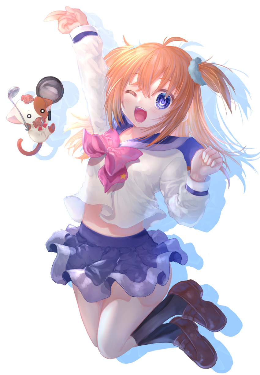 1girl ;d absurdres ahoge arm_up bangs black_legwear blonde_hair blue_eyes blue_sailor_collar blue_scrunchie blue_skirt brown_footwear cat collared_shirt floating_hair full_body hair_between_eyes hair_ornament hair_scrunchie highres huge_filesize kirarin_revolution kneehighs loafers long_hair midriff miniskirt one_eye_closed open_mouth pink_neckwear pleated_skirt sailor_collar sailor_shirt scrunchie shiny shiny_hair shirt shoes simple_background skirt smile solo stomach tsukishima_kirari two_side_up white_background white_shirt zuzuhashi