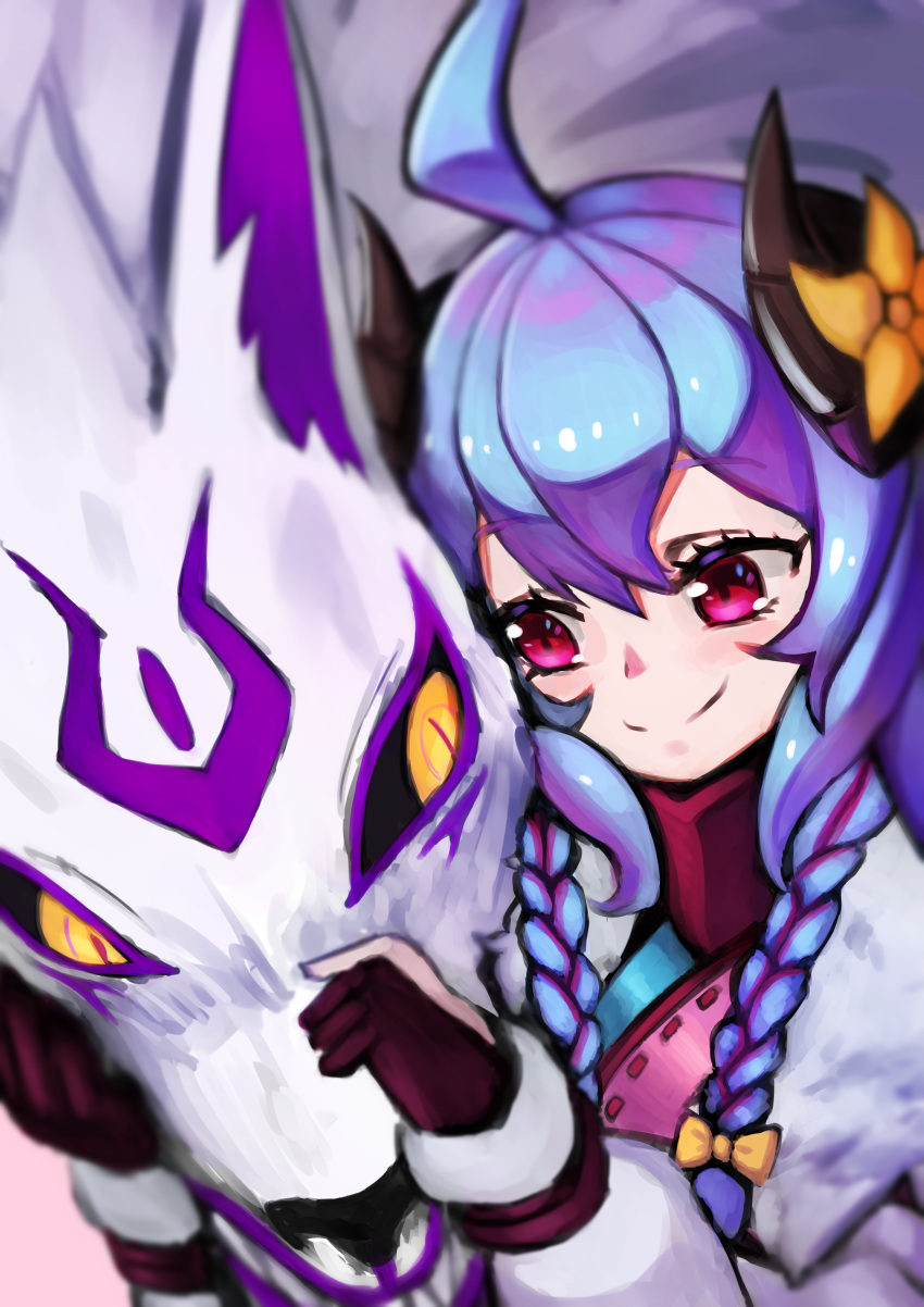 1girl absurdres ahoge alternate_costume alternate_eye_color alternate_hair_color alternate_hairstyle animal_ears blue_hair blush curled_horns fingerless_gloves flower fur gloves hair_between_eyes hair_flower hair_ornament highres horns japanese_clothes kindred lamb_(league_of_legends) league_of_legends long_hair petting pink_eyes purple_hair ribbon sheep_girl single_fingerless_glove smile spirit_blossom_kindred twintails user_wtdp7382 white_fur white_furj wolf wolf_(league_of_legends)