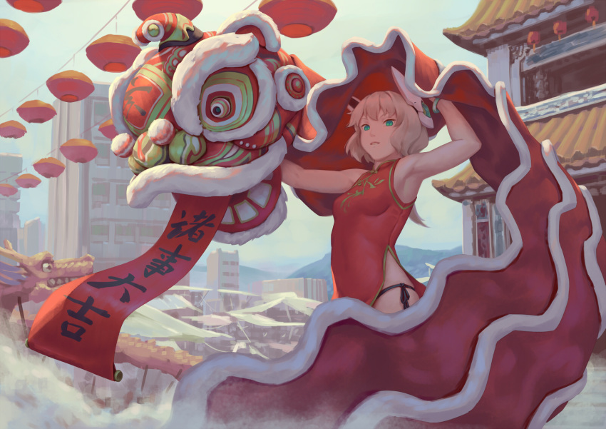 1girl antica_(bigrbear) bare_shoulders bigrbear blonde_hair china china_dress chinese_clothes chinese_new_year day dragon_dance dress green_eyes headgear highres lion_dance looking_at_viewer medium_hair original outdoors panties parted_lips short_dress side_slit sleeveless smile solo stall teeth town translation_request underwear wavy_hair