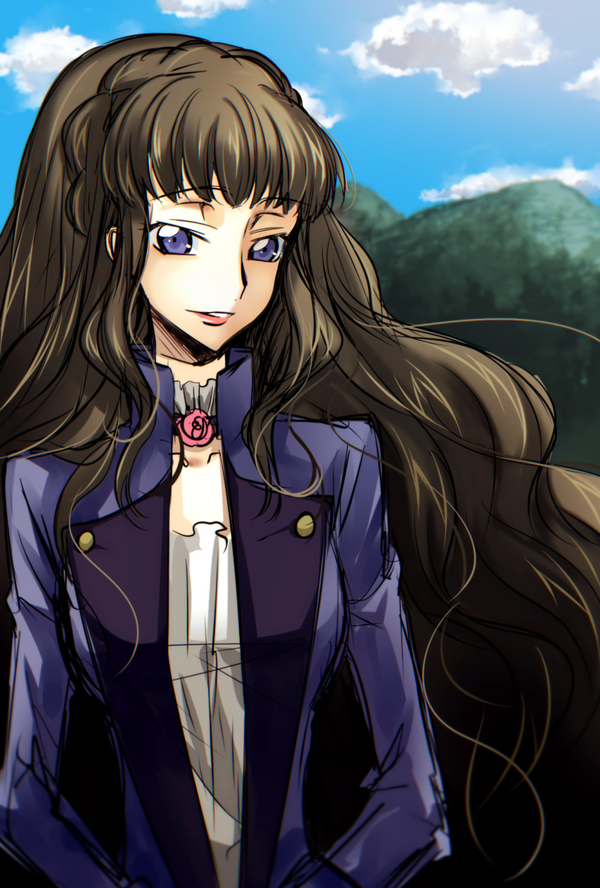 1girl bangs blue_eyes blue_jacket blurry blurry_background brown_hair clouds code_geass collarbone day eyebrows_visible_through_hair grey_choker highres jacket kokuchi long_hair long_sleeves marianne_vi_britannia mountainous_horizon outdoors shiny shiny_hair shirt sketch solo upper_body very_long_hair white_shirt