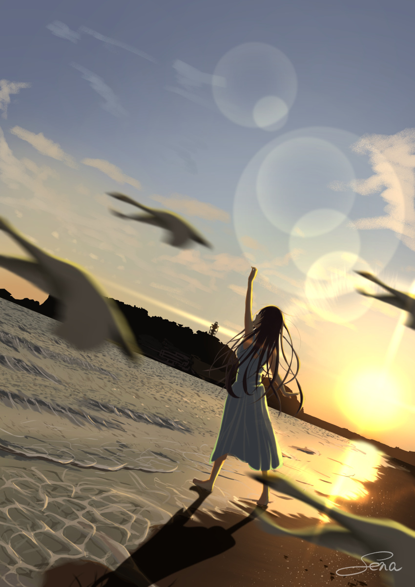 1girl absurdres arm_up artist_name barefoot beach bird black_hair blurry_foreground dress dutch_angle highres lens_flare long_hair original scenery sena_(illust_sena) shadow sky standing sunset waves white_dress