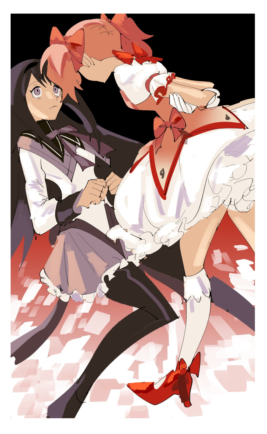 2girls absurdres akemi_homura ankle_ribbon arms_behind_back bags_under_eyes black_hair black_hairband black_legwear border breasts bubble_skirt capelet choker clenched_hands commentary english_commentary expressionless facing_away facing_viewer feet_out_of_frame floating frilled_skirt frilled_sleeves frills gloves grey_skirt hair_between_eyes hair_ribbon hairband hands_together high_collar highres kaname_madoka kendy_(revolocities) leaning leaning_forward legs_apart long_hair long_sleeves looking_at_another looking_up mahou_shoujo_madoka_magica multiple_girls neck_ribbon pantyhose parted_lips pink_hair pink_ribbon profile puffy_short_sleeves puffy_sleeves purple_ribbon red_footwear red_ribbon ribbon ribbon_choker short_sleeves short_twintails sideboob skirt small_breasts tareme twintails violet_eyes white_border white_gloves white_legwear white_skirt wide-eyed