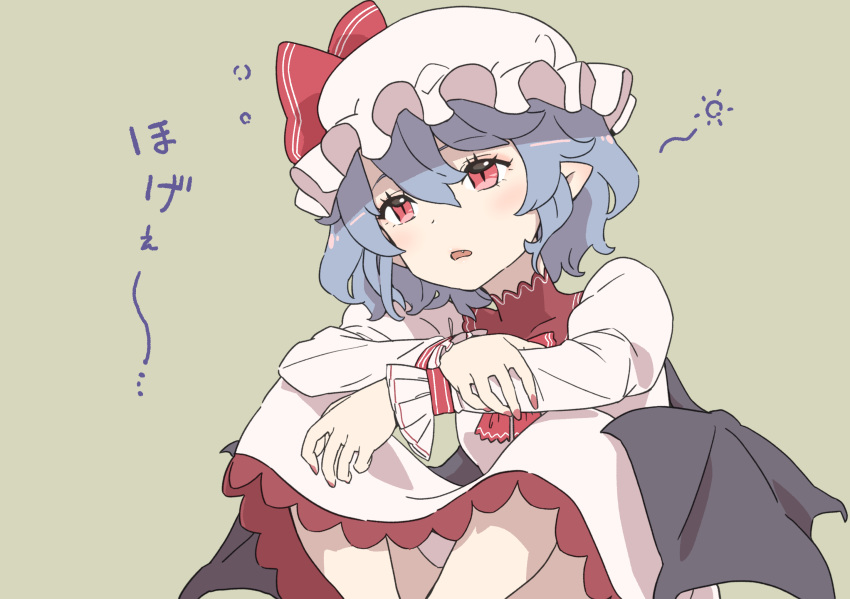 1girl arms_on_knees bat_wings blue_hair bow crossed_arms dress fang frilled_dress frills hat hat_ribbon highres juliet_sleeves kawayabug long_sleeves mob_cap open_mouth pink_dress pink_headwear puffy_sleeves red_bow red_eyes red_nails red_ribbon remilia_scarlet ribbon short_hair sitting solo touhou translation_request wings wrist_cuffs