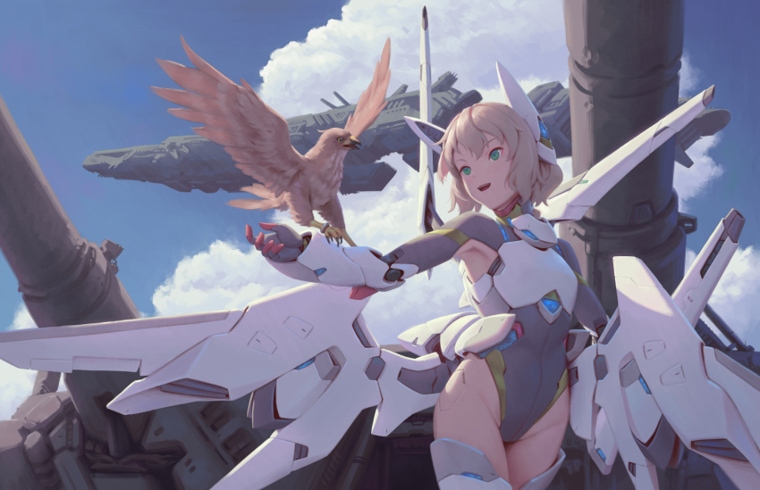 1girl animal_on_arm antica_(bigrbear) bigrbear bird bird_on_arm bird_request breastplate cannon clouds cowboy_shot day green_eyes headgear highres leotard looking_at_animal mecha_musume mechanical_arms mechanical_wings medium_hair open_mouth original outdoors shoulder_cannon smile solo standing teeth thrusters wavy_hair wings