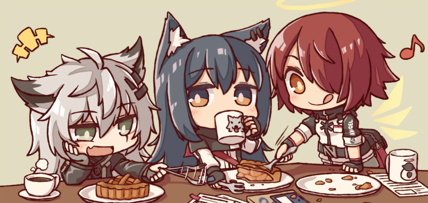 +++ 3girls :d :q afterimage animal_ear_fluff animal_ears apple_pie arknights bangs belt black_belt black_capelet black_gloves black_hair black_jacket blush brown_eyes capelet coffee coffee_mug commentary_request cup detached_wings drinking energy_wings exusiai_(arknights) eyebrows_visible_through_hair fang fingerless_gloves fork gloves green_eyes grey_eyes grey_gloves hair_between_eyes hair_ornament hair_over_one_eye hairclip halo hand_on_own_cheek holding holding_cup holding_fork id_card jacket kata_meguma lappland_(arknights) long_hair long_sleeves looking_at_another mug multiple_girls musical_note open_mouth paper plate red_eyes redhead scar scar_across_eye short_hair sidelocks silver_hair simple_background sitting skin_fang smile standing steam texas_(arknights) tongue tongue_out upper_body white_jacket wings wolf_ears