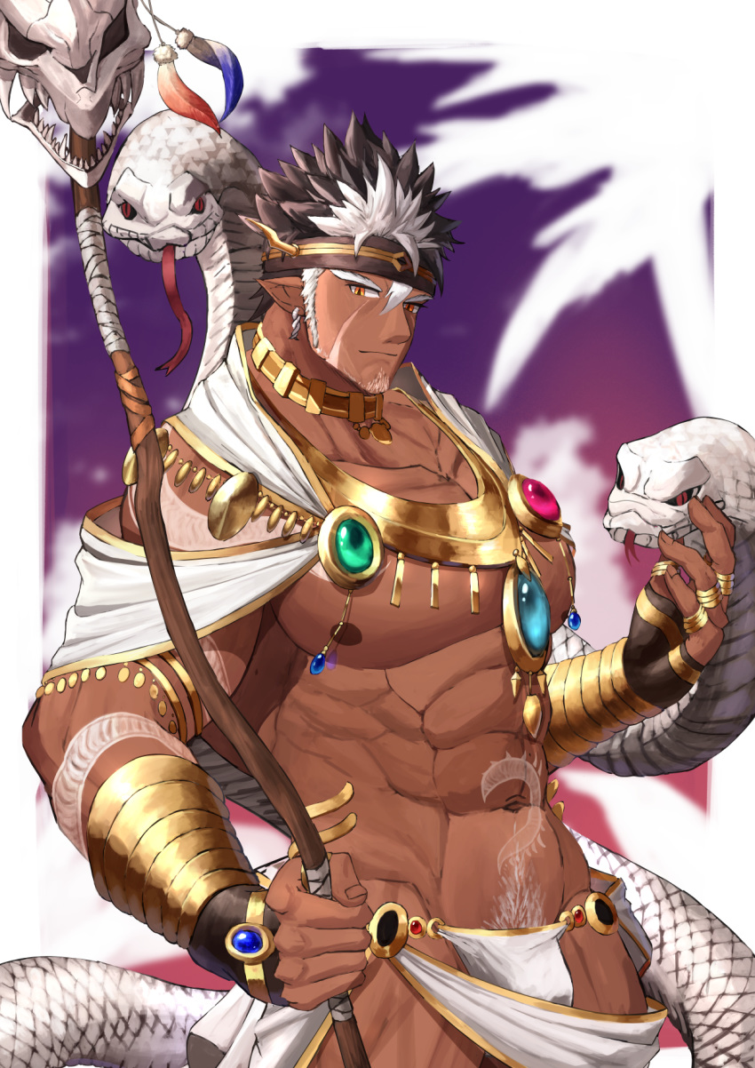 1boy abs alternate_costume bara beard bellsugar brown_hair bulge chest dark_skin dark_skinned_male facial_hair fur_collar headband highres jewelry looking_at_viewer male_focus male_pubic_hair multicolored_hair muscle navel necklace nipples pectorals pointy_ears pubic_hair revealing_clothes shaman shirtless snake solo spiky_hair staff tangaroa tattoo tokyo_houkago_summoners upper_body white_hair yellow_eyes