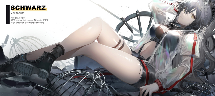 1girl absurdres arknights bangs bare_legs birdcage black_footwear black_shorts boots breasts cage character_name commentary crop_top grey_eyes hatachi8p highres jacket large_breasts long_hair midriff navel open_clothes open_jacket reclining schwarz_(arknights) short_shorts shorts silver_hair solo stomach thigh_strap thighs white_background white_jacket