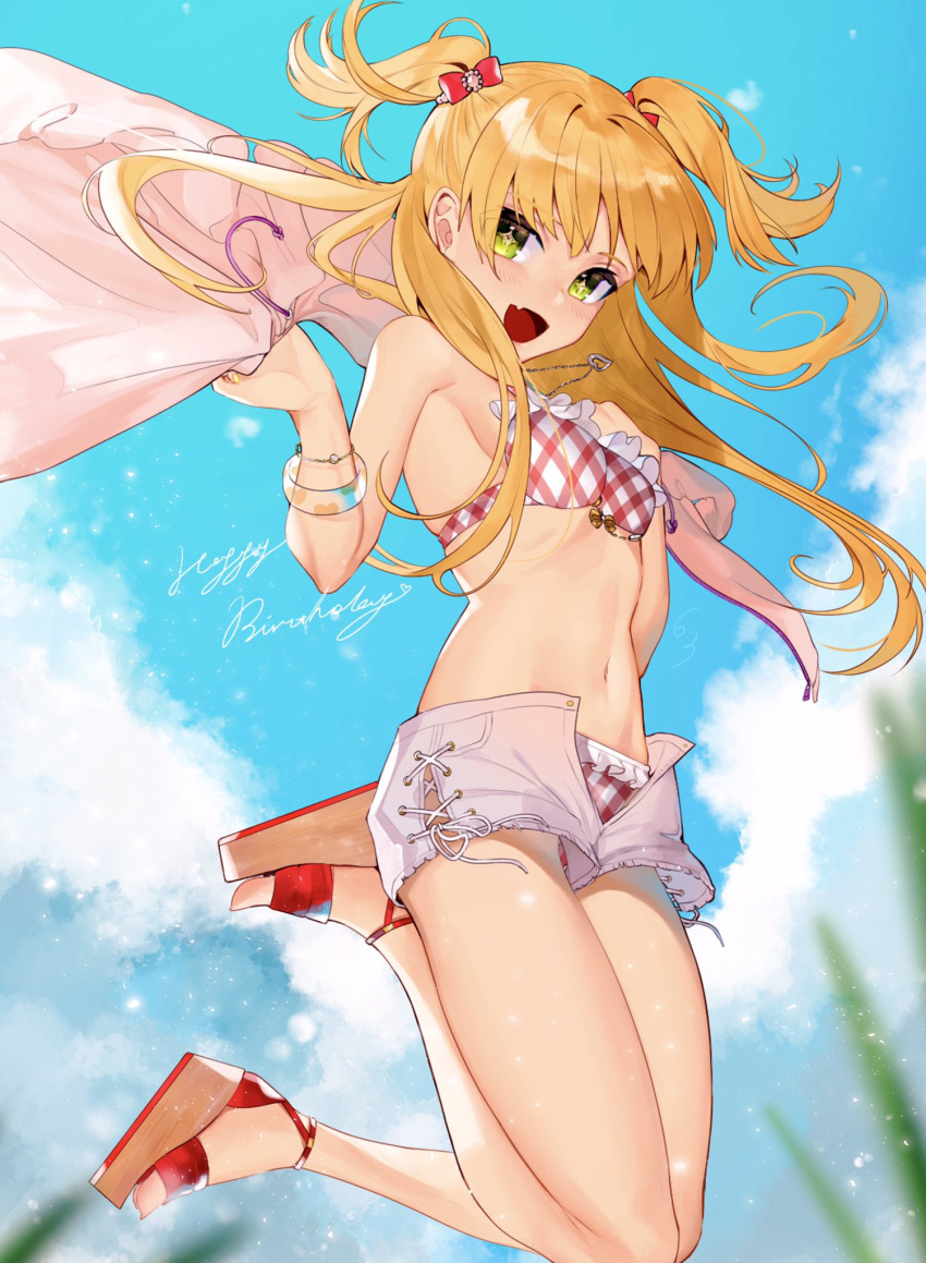 +_+ 1girl argyle bangle bikini blonde_hair blue_sky blush bow bracelet clouds commentary eyebrows_visible_through_hair fang frilled_bikini frills full_body green_eyes hair_bow happy_birthday heart heart_necklace highres holding holding_clothes holding_jacket idolmaster idolmaster_cinderella_girls jacket jacket_removed jewelry jougasaki_rika jumping koyo_akio long_hair navel necklace open_clothes open_mouth open_shorts outdoors platform_footwear short_shorts shorts skin_fang sky smile solo sparkling_eyes swimsuit swimsuit_under_clothes two_side_up