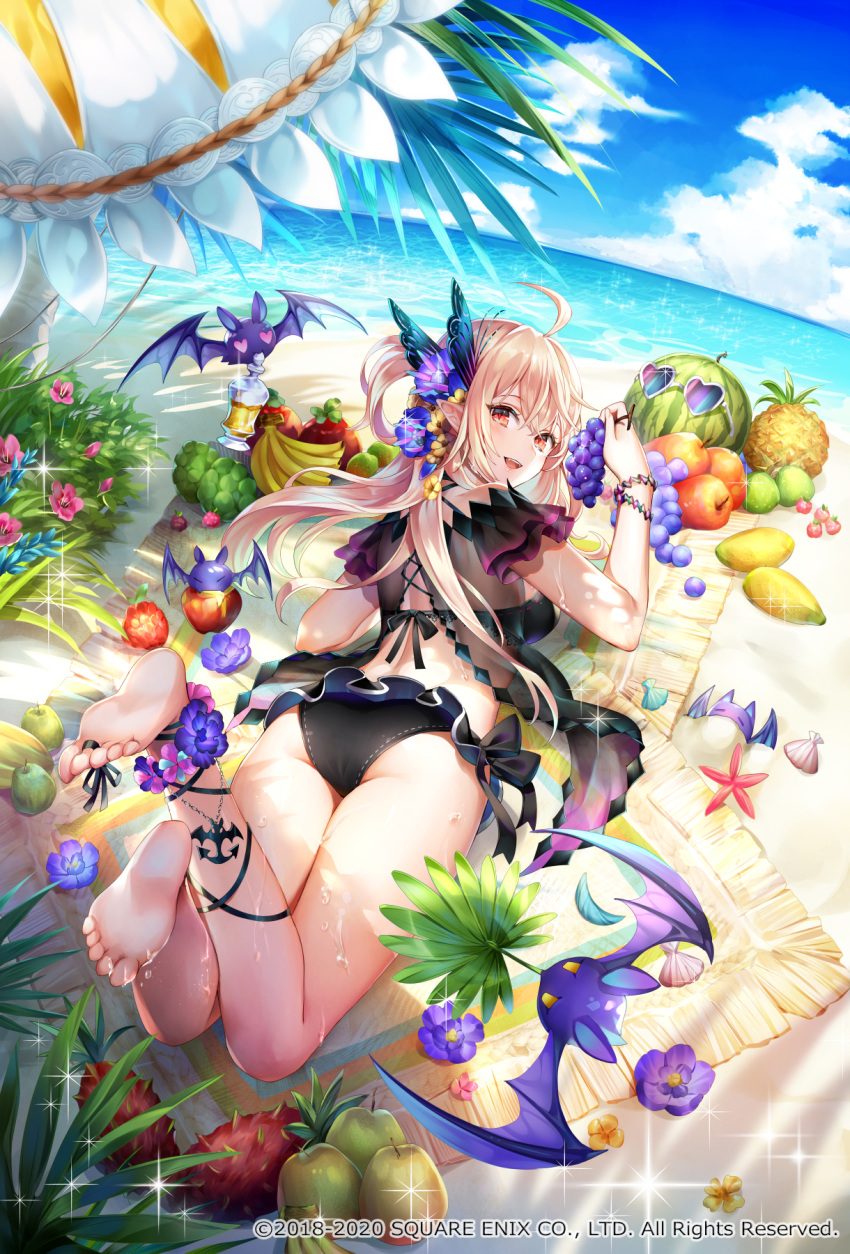 1girl :d ahoge ankle_flower ankle_ribbon anklet apple ass bangs bare_shoulders barefoot bat beach_mat beach_umbrella bead_bracelet beads bikini black_bikini blonde_hair blush bracelet breasts butterfly_hair_ornament day eyewear_removed fangs feet flower food fruit hair_flower hair_ornament heart heart-shaped_eyewear highres holding holding_food jewelry long_hair looking_at_viewer lotion lying nemusuke on_stomach one_side_up open_mouth outdoors pineapple pink_flower pointy_ears purple_flower red_eyes ribbon romancing_saga_re;universe see-through sidelocks smile solo swimsuit thighs toes umbrella vampire vampire_lady_(romancing_saga) watermelon wet