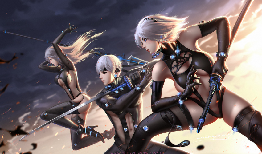 1boy 2girls arms_up black_bodysuit black_hairband black_legwear blue_eyes bodysuit boots breasts cleavage_cutout elbow_gloves fighting_stance gantz gantz_suit gloves hairband headband high_heels highres holding holding_lance holding_polearm holding_sword holding_weapon katana lance large_breasts latex_bodysuit latex_leotard leotard liang_xing lips long_hair mole mole_under_mouth multiple_girls nier_(series) nier_automata no_blindfold open_mouth outdoors polearm profile short_hair silver_hair skin_tight sword thigh-highs thigh_boots thighhighs_under_boots weapon yorha_no._2_type_b yorha_no._9_type_s yorha_type_a_no._2