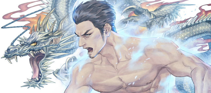 1boy angry aura bags_under_eyes biceps black_hair chest claws collarbone commentary dark_nipples dragon eastern_dragon facial_hair fangs fangs_out fighting_stance forehead goatee grey_eyes hair_slicked_back horns kiryuu_kazuma leaning_forward looking_away male_focus manly multiple_horns muscle nipples open_mouth pectorals profile ryuu_ga_gotoku scales shirtless short_hair shouting sideburns simple_background solo talgi teeth upper_body white_background yellow_eyes