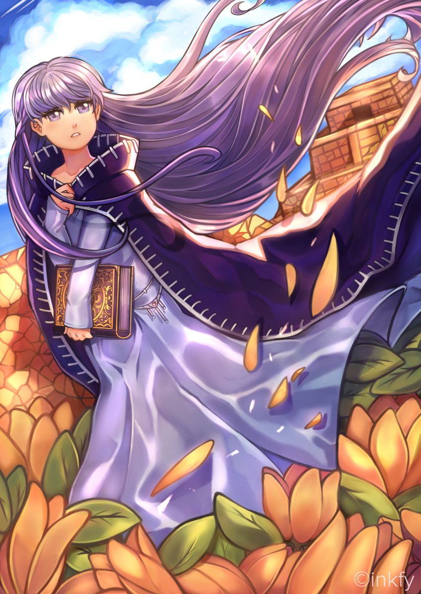 1girl absurdres belly_chain blue_dress book braid cape cloak commission dress expressionless fire_emblem fire_emblem:_the_binding_blade fire_emblem_cipher fire_emblem_heroes flower hair_blowing highres holding holding_book huge_filesize inkfy jewelry long_hair long_sleeves purple_hair shiny shiny_hair signature sky solo sophia_(fire_emblem) temple violet_eyes