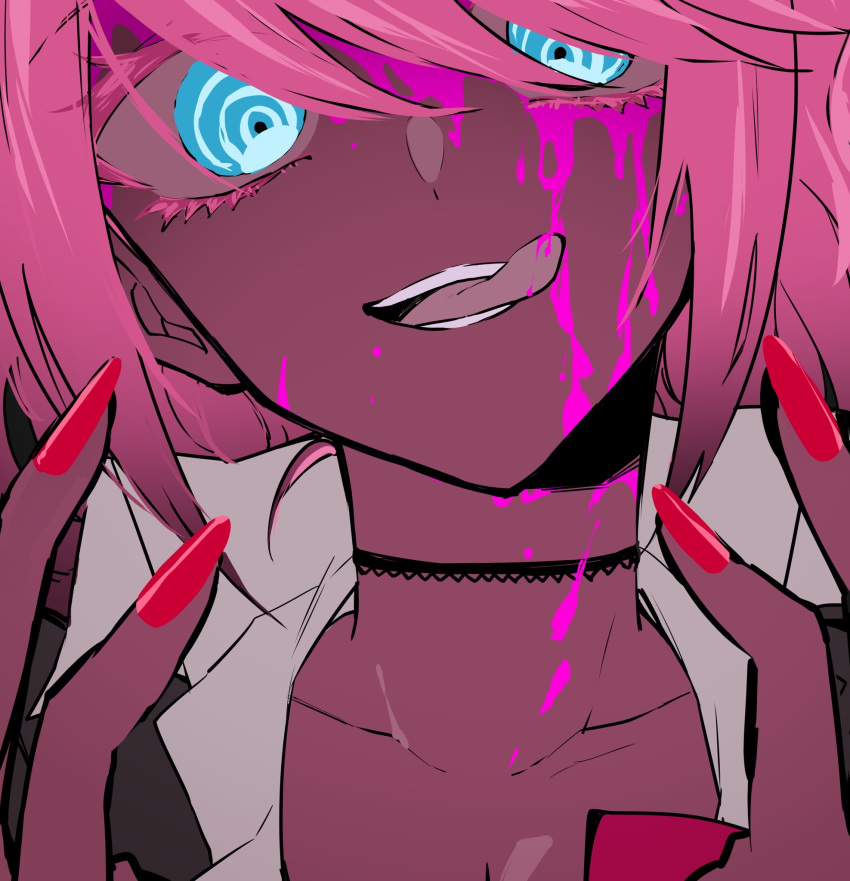 1girl blue_eyes choker dangan_ronpa dangan_ronpa_1 enoshima_junko facing_viewer highres licking_blood looking_at_viewer nail_polish nekoma_hikaru pink_blood pink_hair red_nails smile solo twintails upper_body