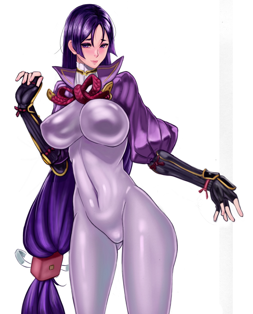 1girl absurdres akira_(yuibnm71) arm_guards armor bangs bodysuit breasts closed_mouth commentary_request covered_navel fate/grand_order fate_(series) fingerless_gloves fingernails gloves hair_ornament highres large_breasts lips long_hair long_sleeves low-tied_long_hair minamoto_no_raikou_(fate/grand_order) puffy_sleeves purple_bodysuit purple_hair shiny shiny_clothes simple_background skin_tight smile solo tied_hair turtleneck very_long_hair violet_eyes