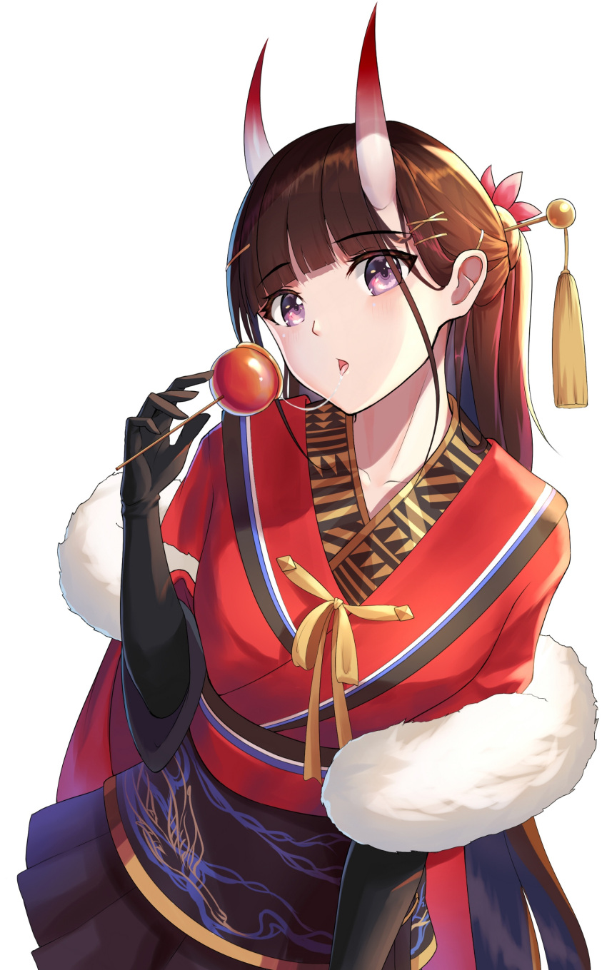 1girl absurdres azur_lane bangs black_gloves black_skirt blunt_bangs blush breasts brown_hair candy_apple chinese_commentary cowboy_shot english_commentary eyebrows_visible_through_hair flower food fur_scarf gloves hair_flower hair_ornament hair_stick hairclip highres holding holding_food horns japanese_clothes kimono kojo_(0124) long_hair looking_at_viewer medium_breasts miniskirt mixed-language_commentary noshiro_(azur_lane) noshiro_(uncharted_festival_grounds?)_(azur_lane) official_alternate_costume oni_horns open_mouth pleated_skirt red_kimono saliva saliva_trail simple_background skirt solo tassel tied_hair tongue tongue_out violet_eyes white_background