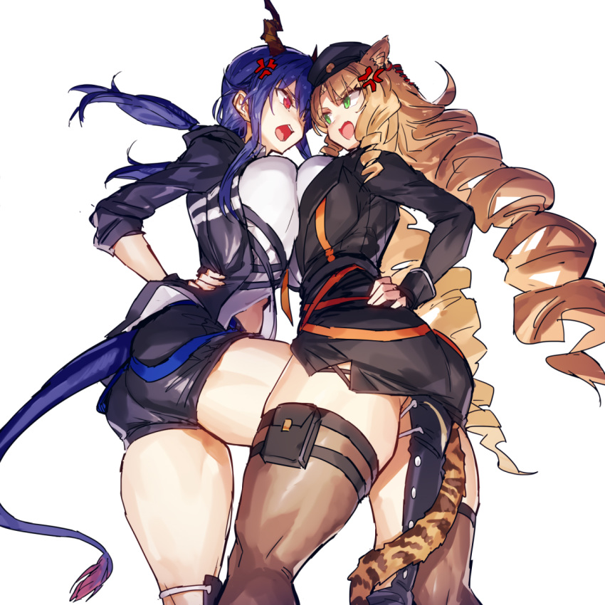 2girls anger_vein angry animal_ears arknights ass asymmetrical_docking beret blue_hair breast_press breasts brown_hair ch'en_(arknights) commentary_request dragon_horns dragon_tail drill_hair green_eyes hat highres horns large_breasts melon22 miniskirt multiple_girls red_eyes shorts skirt swire_(arknights) tail thigh-highs thighs tiger_ears tiger_tail twin_drills
