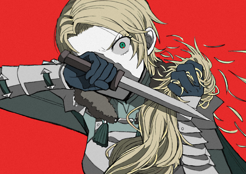 1girl armor blonde_hair cutting_hair fire_emblem fire_emblem:_three_houses gloves green_eyes highres holding holding_knife ingrid_brandl_galatea knife kusodekablack red_background severed_hair simple_background solo upper_body