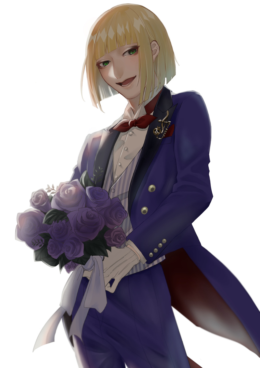 1boy :d absurdres bangs blonde_hair blue_pants blue_suit blunt_bangs bouquet bow bowtie flower gloves green_eyes highres holding holding_bouquet male_focus open_mouth pants red_bow riemartan rook_hunt simple_background smile solo striped striped_vest twisted_wonderland vest white_background white_gloves