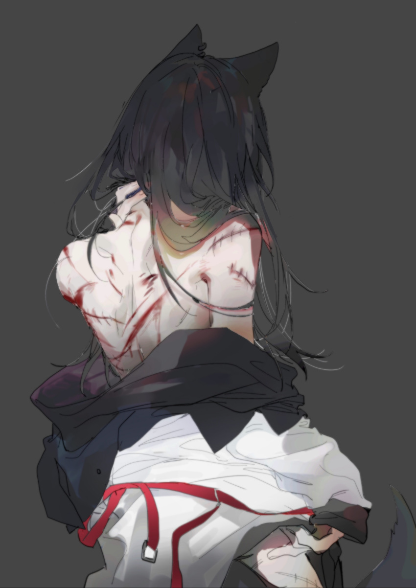 1girl absurdres animal_ears arknights bare_back black_hair clothes_down ear_piercing from_behind grey_background hair_over_shoulder hand_on_own_neck highres injury long_hair min_(120716) nape piercing scar solo texas_(arknights) wolf_ears