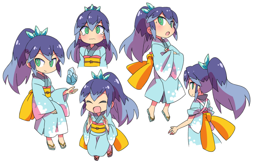 1girl :d :o blue_hair blue_kimono blush closed_eyes crossed_arms crying crying_with_eyes_open eyebrows_visible_through_hair from_behind fubukihime full_body green_eyes hair_ornament highres ice japanese_clothes kimono long_hair looking_at_viewer multicolored_hair multiple_views obi open_mouth ponytail roku_no_hito sandals sash simple_background smile solo tears two-tone_hair upper_body white_background youkai_watch yukata