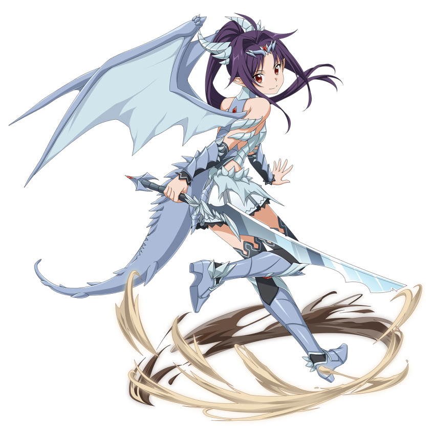 1girl ahoge armored_boots black_legwear black_sleeves boots breasts closed_mouth cosplay_request detached_sleeves dragon_tail dragon_wings floating_hair from_side full_body grey_footwear grey_wings hair_intakes hair_ornament high_ponytail highres holding holding_sword holding_weapon long_hair looking_at_viewer looking_back miniskirt official_art outstretched_hand pleated_skirt purple_hair red_eyes shiny shiny_hair skirt small_breasts smile solo sword sword_art_online sword_art_online:_memory_defrag tail thigh-highs transparent_background very_long_hair weapon white_skirt wings yuuki_(sao) zettai_ryouiki