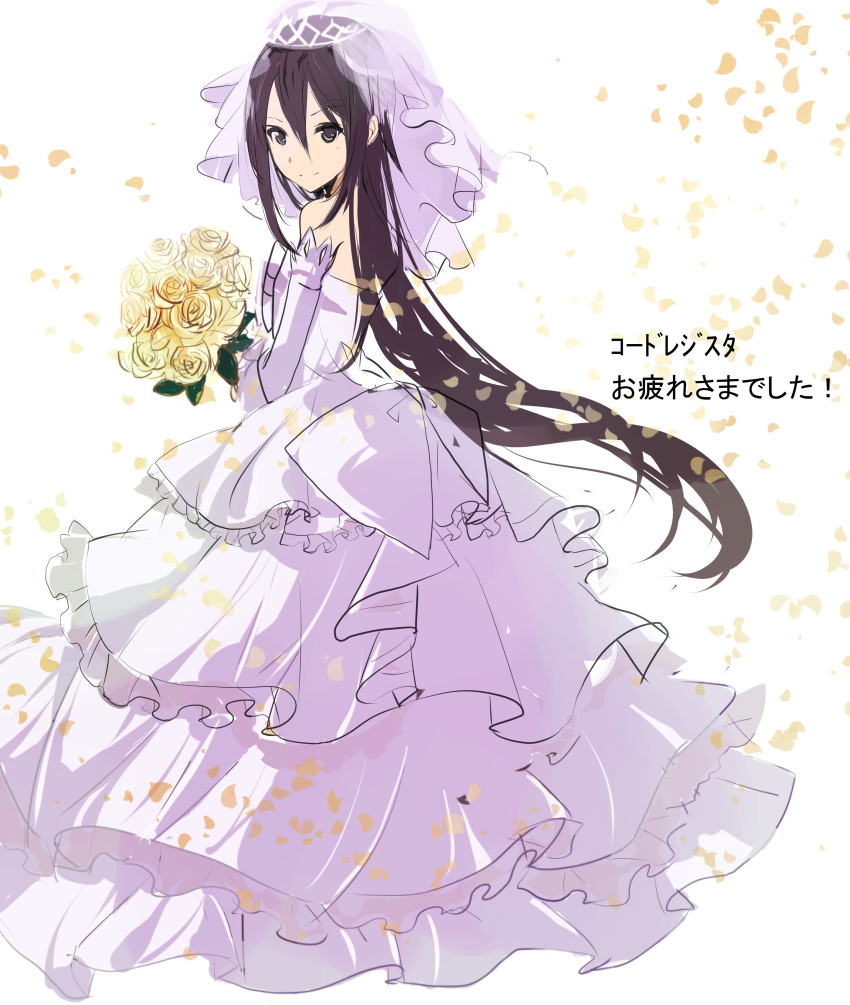 1boy absurdres androgynous bangs black_eyes black_hair bouquet bridal_veil closed_mouth detached_sleeves diadem dress floating_hair flower frilled_dress frills from_side hair_between_eyes highres holding holding_bouquet kirito_(sao-ggo) layered_dress long_dress long_hair long_sleeves looking_at_viewer otoko_no_ko rose sau_(bluepoper) shiny shiny_hair sketch sleeveless sleeveless_dress smile solo strapless strapless_dress sword_art_online veil very_long_hair wedding_dress white_background white_dress white_sleeves yellow_flower yellow_rose