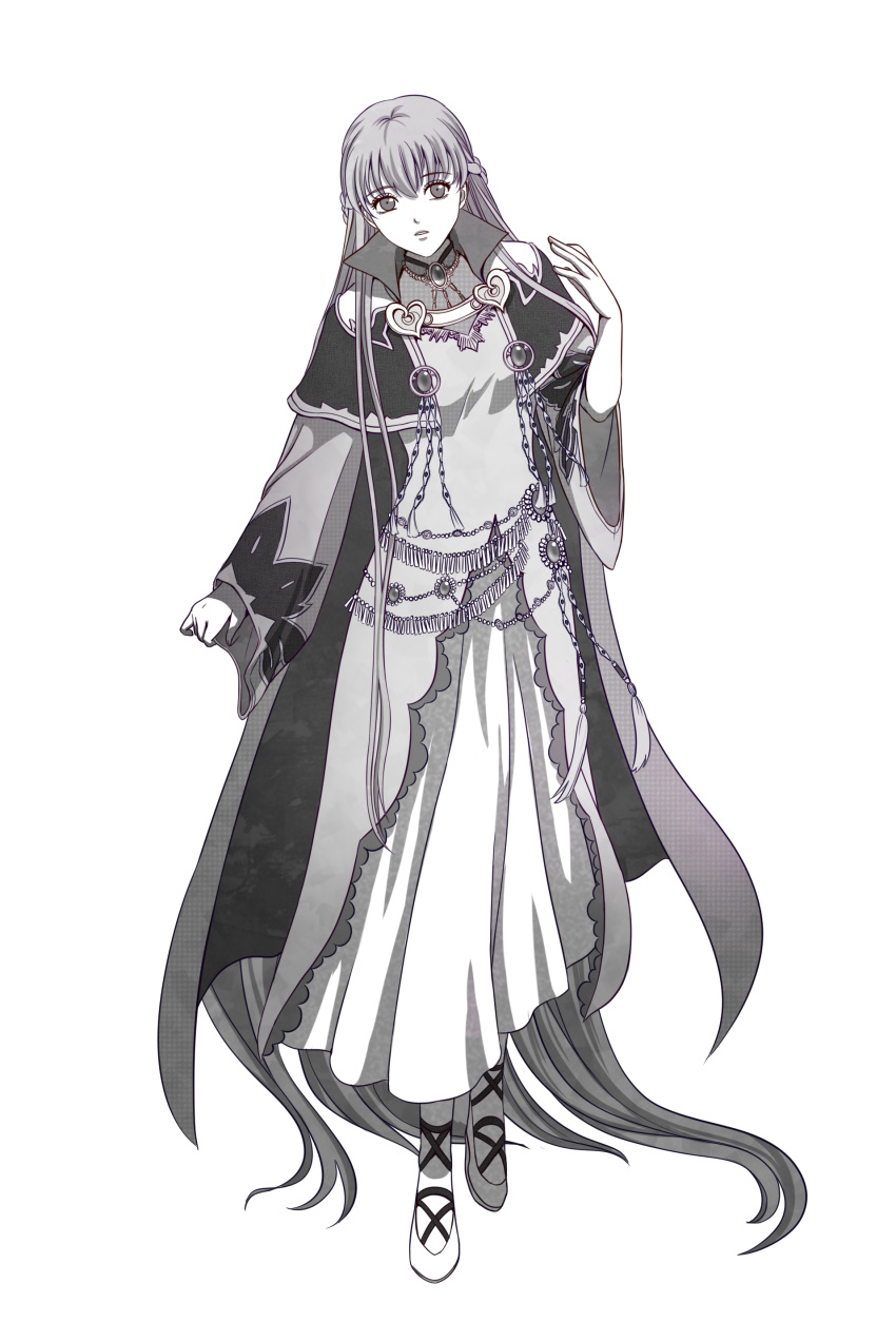 1girl absurdres cape cloak commission commissioner_upload dress expressionless fire_emblem fire_emblem:_the_binding_blade fire_emblem_cipher highres jewelry long_hair long_sleeves monochrome simple_background solo solry sophia_(fire_emblem)