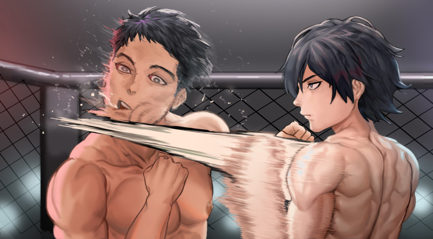 2boys abs absurdres battle black_hair blurry blurry_background boxing clenched_hands closed_mouth collarbone grey_eyes highres indoors jab male_focus mixed_martial_arts multiple_boys muscle nice_(kingzone) nipples open_mouth original punching saliva speed_lines sweat teeth upper_teeth