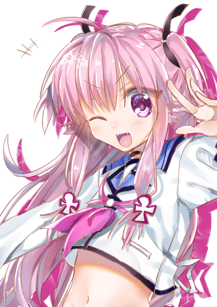 1girl ;d absurdres ahoge angel_beats! bangs black_ribbon blue_sailor_collar collared_shirt crop_top eyebrows_visible_through_hair fangs floating_hair hair_between_eyes hair_ribbon highres huge_filesize long_hair long_sleeves looking_at_viewer midriff navel one_eye_closed open_mouth pink_hair ribbon sailor_collar sailor_shirt shinda_sekai_sensen_uniform shiny shiny_hair shirt simple_background smile solo standing stomach twintails v-shaped_eyebrows very_long_hair violet_eyes white_background white_shirt yui_(angel_beats!) zuzuhashi