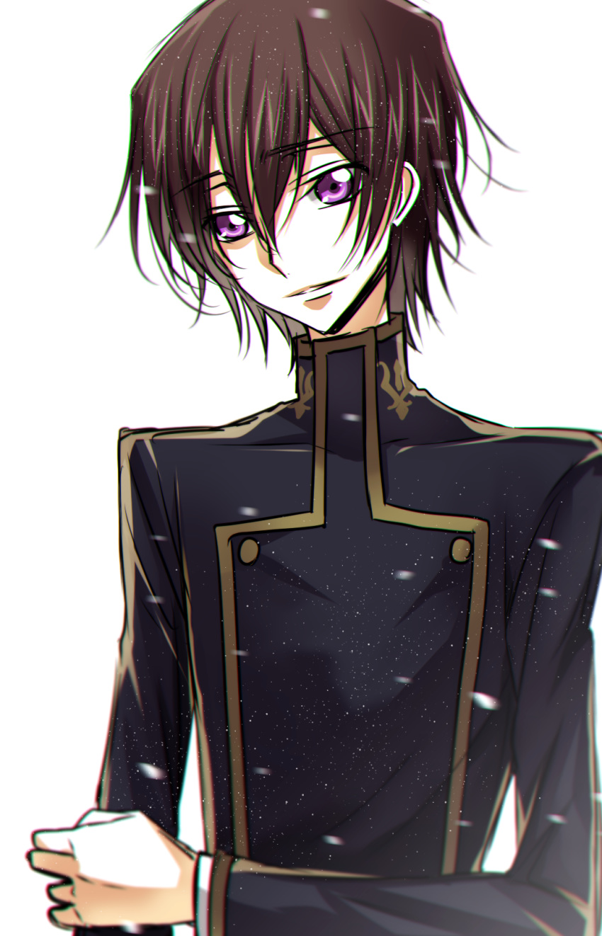1boy ashford_academy_uniform bangs black_jacket brown_hair code_geass eyebrows_visible_through_hair hair_between_eyes highres jacket kokuchi lelouch_lamperouge long_sleeves male_focus parted_lips shiny shiny_hair simple_background smile solo violet_eyes white_background